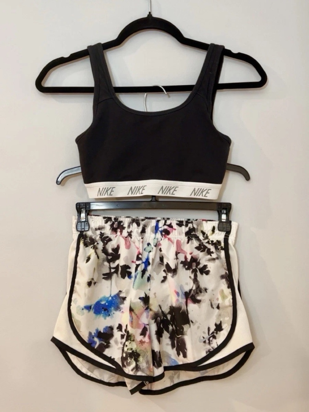 Nike Black Sports Bra & Athletic Shorts with Multicolor Ink Accents Set
